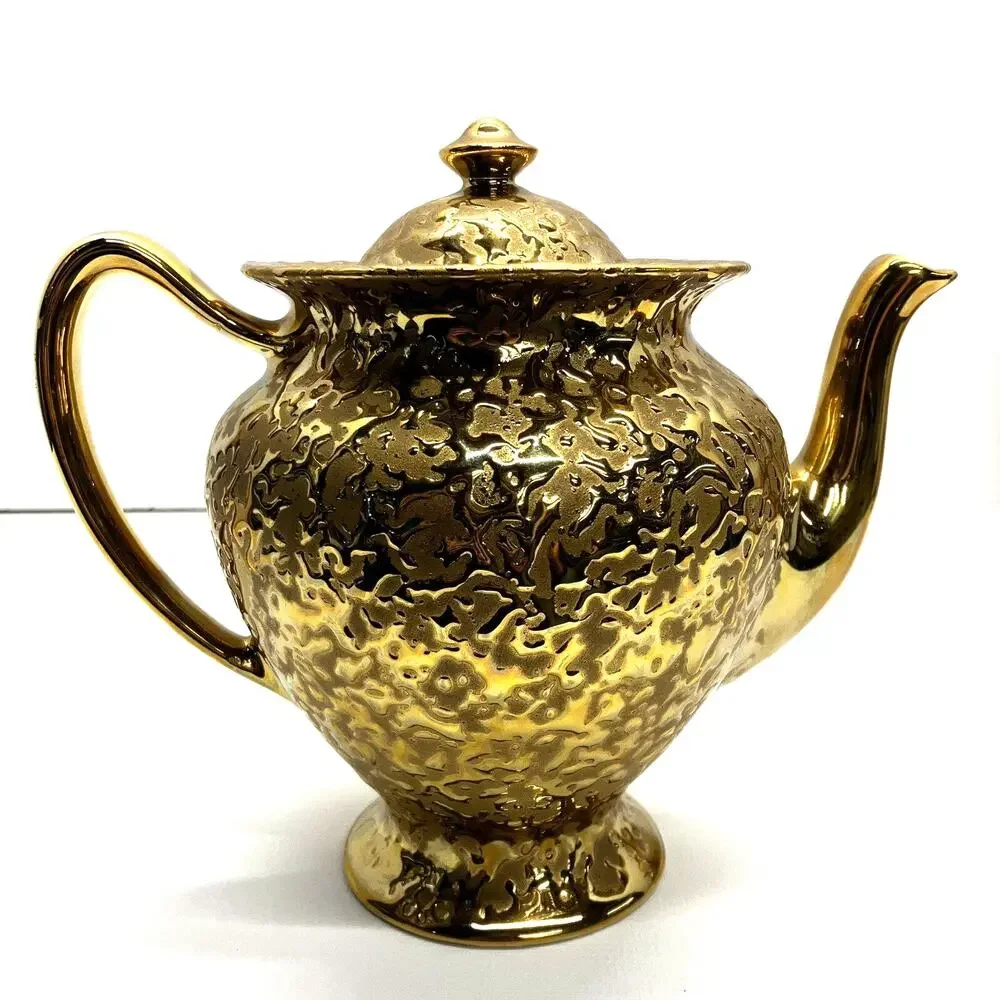 Weeping Gold Pitcher Set 22KT Teapot and Two Vases Elynor China MCM 1960s